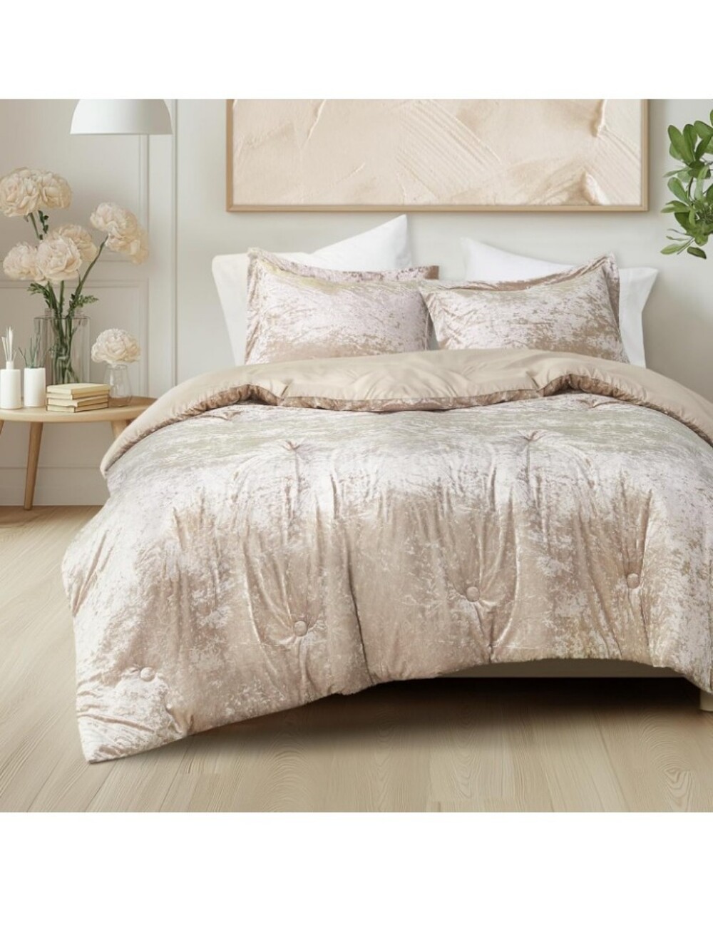 Plush Velvet-Look Comforter Set in Champagne 3 Pcs Queen